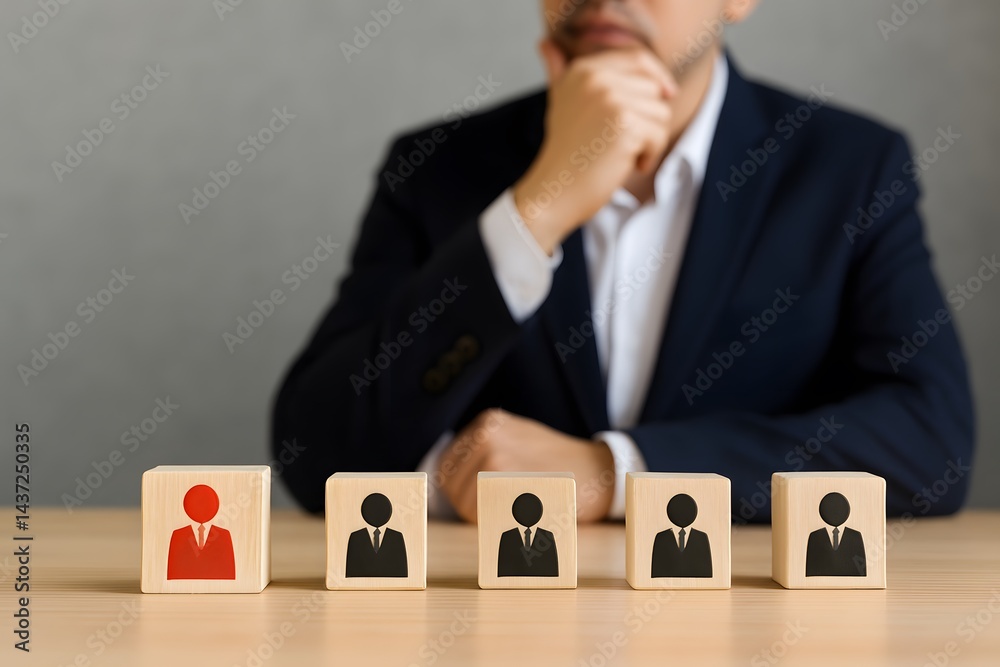 Poster human resource selection process with wooden blocks and thoughtful man
