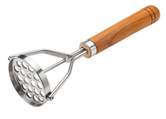 Stainless steel potato ricer masher wooden handle isolated on a white background png ai