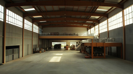 Expansive warehouse interior featuring mezzanine level and natural light penetration
