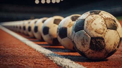 A lineup of soccer balls on the sideline of a field each displaying unique scuffs and dirt marks crisp