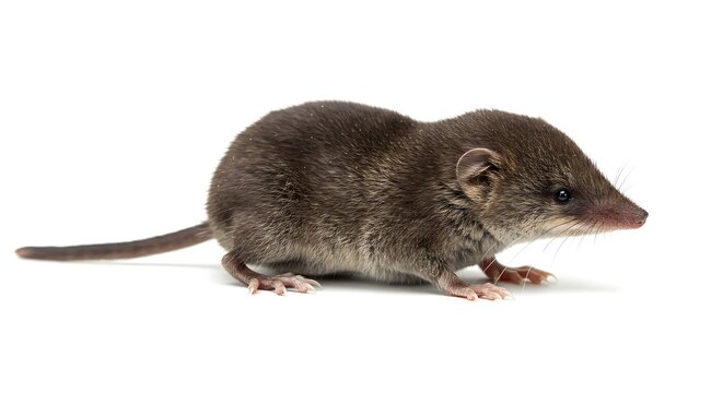 Close up of a shrew with dark fur and a long nose on a white background in a studio shot view