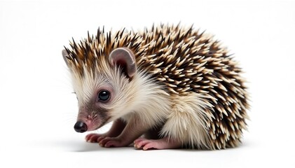 Obraz premium Tiny hedgehog, curled in defense, isolated on pure white background, closeup, animal