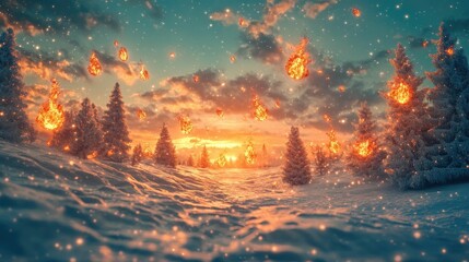 Snowy forest sunset; fiery orbs falling.
