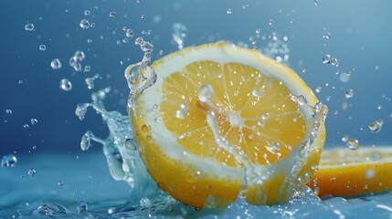 Splash of sliced lemon with water drops over blue background