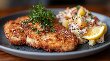 **German Schnitzel With Lemon Wedge, Potato Salad, And Parsley Garnish, Served On Plate For Lunch Deal Advertisement --Ar 16:9 --S 280** - @Darya (Relaxed)