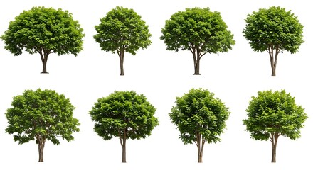 Collection of eight isolated trees with green leaves and brown trunks on a white background view