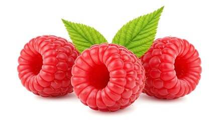 A close up of three raspberries with green leaves on a white background in bright studio lighting