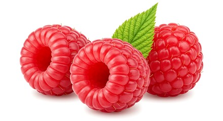 Close up of three vibrant raspberries with a single green leaf on a clean white background studio shot