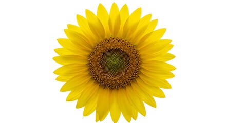 A close up of a bright yellow sunflower with a dark center on a plain white background in full bloom