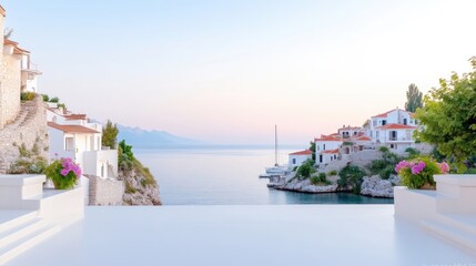 Fototapeta premium Coastal Village View Flowers and Buildings Serene Bright Photography Wide Angle Calm Waterscape Idyllic Setting Soft Pastel Hues Perfect for Travel Brochures