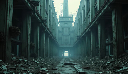 Abandoned Industrial Factory with Broken Structures

