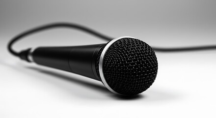 A close up shot of a black microphone with a cable on a white surface in a studio setting