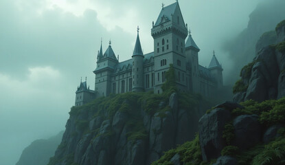 Abandoned Crumbling Castle on Misty Cliff