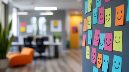 Brightly colored sticky notes with smiley faces adorn a modern office wall.