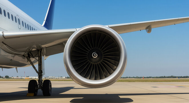 Close-up view of modern jet engine on commercial airliner wing during aircraft taxiing. Turbofan technology with visible fan blades and wing assembly. Aerospace engineering concept