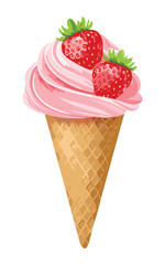 Strawberry Ice Cream Cone - Vector Illustration