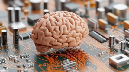 Brain on Circuit Board: A human brain model sits atop a complex circuit board, symbolizing the intersection of biology and technology. - Powered by Adobe