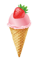 Scoop of Strawberry Ice Cream Cone - Vector Illustration