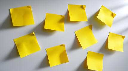 Yellow blank sticky notes scattered on a white wall with soft light and shadows creating a creative workspace vibe.

