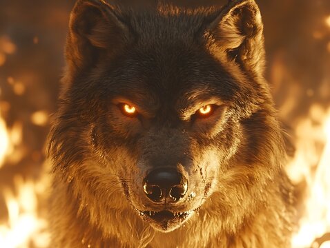Fiery-eyed wolf amidst inferno