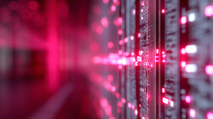 Futuristic data server room with glowing red lights and digital codes streaming across dark surfaces.
