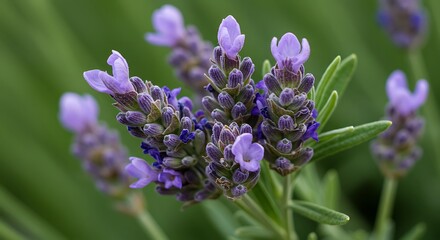 A close up of lavender flowers with green leaves in soft focus background in a garden setting