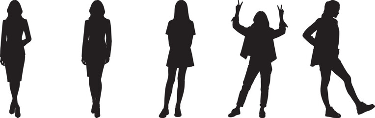 Five Female Silhouettes in Various Poses: Business, Casual, and Playful Styles