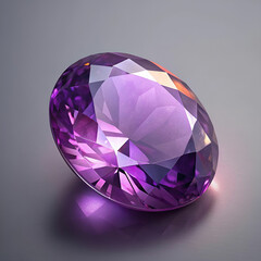 Low-angle close-up of an oval amethyst gem, with luminous facets reflecting light