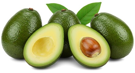 A group of whole and halved avocados with green leaves on a white background studio shot