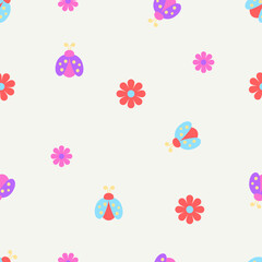 Seamless cartoon ladybug insect pattern. Cute bug and flower vector design for fabric, wallpaper, stationery, wrapping, cards, and phone cases.