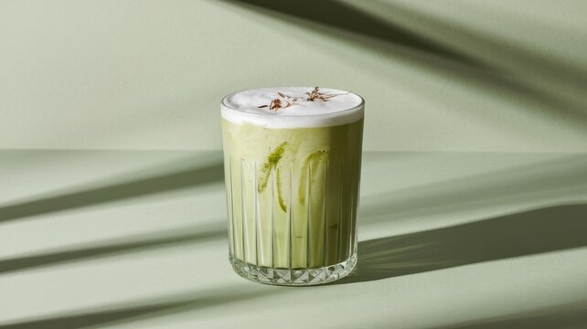 Matcha latte in clear glass with dusting of powder and dramatic light