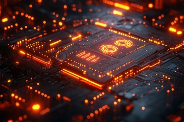 Glowing CPU, circuit board, technology, data processing, futuristic background, tech concept