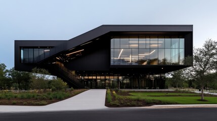 Obraz premium Modern, striking office building with dramatic, angular facade. Glass walls showcase interior. Landscape design complements architecture