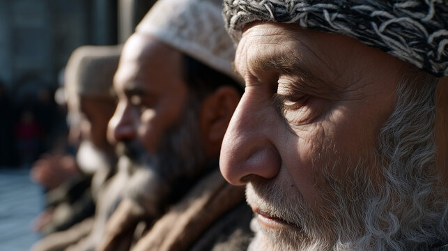 Elderly Kashmiri Men Pherans and Woolen Caps Praying at Historic Mosque Courtyard in Pehalgam at Dawn.