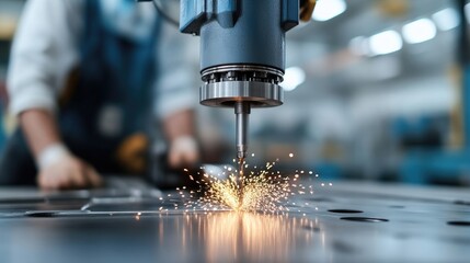 Automated metal welding process.  Precise robotic arm performing a welding task. Sparks and heat from the welding arc. Manufacturing and industrial setting