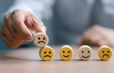 Customer service and satisfaction concept. Businessman choosing 5-star and happy smile face icon to give satisfaction in service for evaluation product service quality, feedback review, good quality.