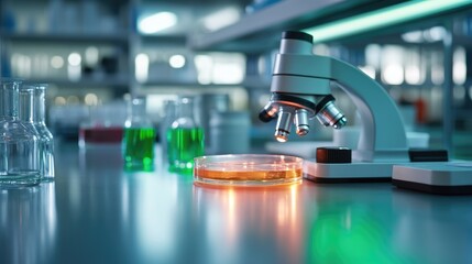 Modern lab scene with microscope and petri dish