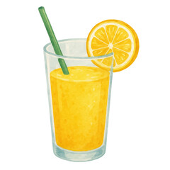 A glass of orange juice with a straw and a lemon slice.