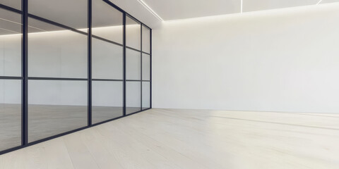 Modern empty office space with large glass windows and minimalist design