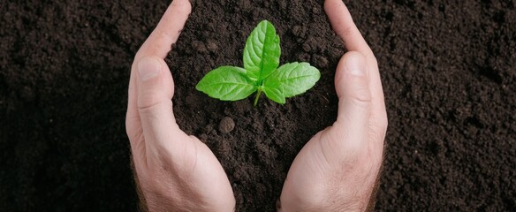 Hands holding black soil with a young plant on it, top view on a dark background, a banner for World Environment Day concept, with copy space, 