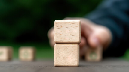 Wooden block crafts arranged on a green natural background for adding text.