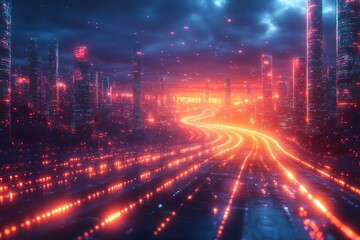 Fototapeta premium Neon city highway at night, futuristic road