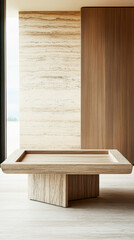 Elegant wooden coffee table in modern minimalist living space with natural light