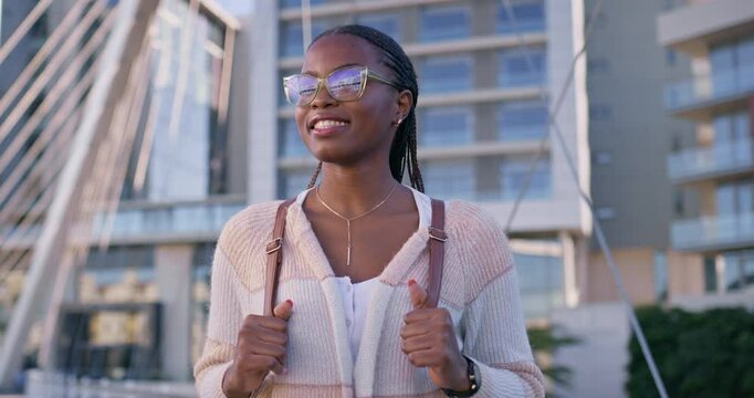 Happy, black girl and thinking with backpack at university for education, learning and development. Campus, freshman and face with smile by building for scholarship, future and first day of college
