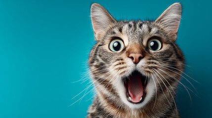 Surprised Tabby Cat with Bright Blue Eyes Against a Vibrant Background
