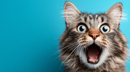 Obraz premium Surprised Tabby Cat with Bright Blue Eyes Against a Vibrant Background