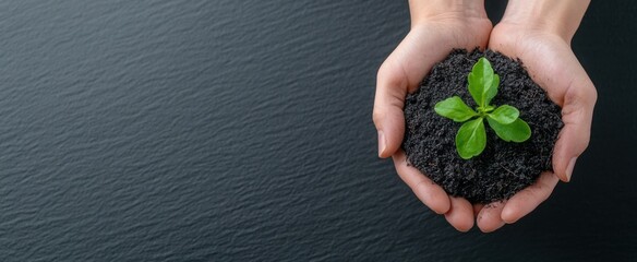 Hands holding black soil with a young plant on it, top view on a dark background, a banner for World Environment Day concept, with copy space, 