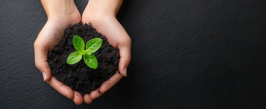 Hands holding black soil with a young plant on it, top view on a dark background, a banner for World Environment Day concept, with copy space, 