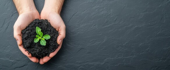 Hands holding black soil with a young plant on it, top view on a dark background, a banner for World Environment Day concept, with copy space, 