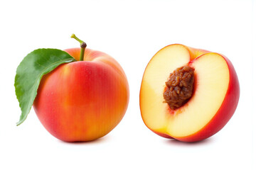 two peaches with leaves on a white background